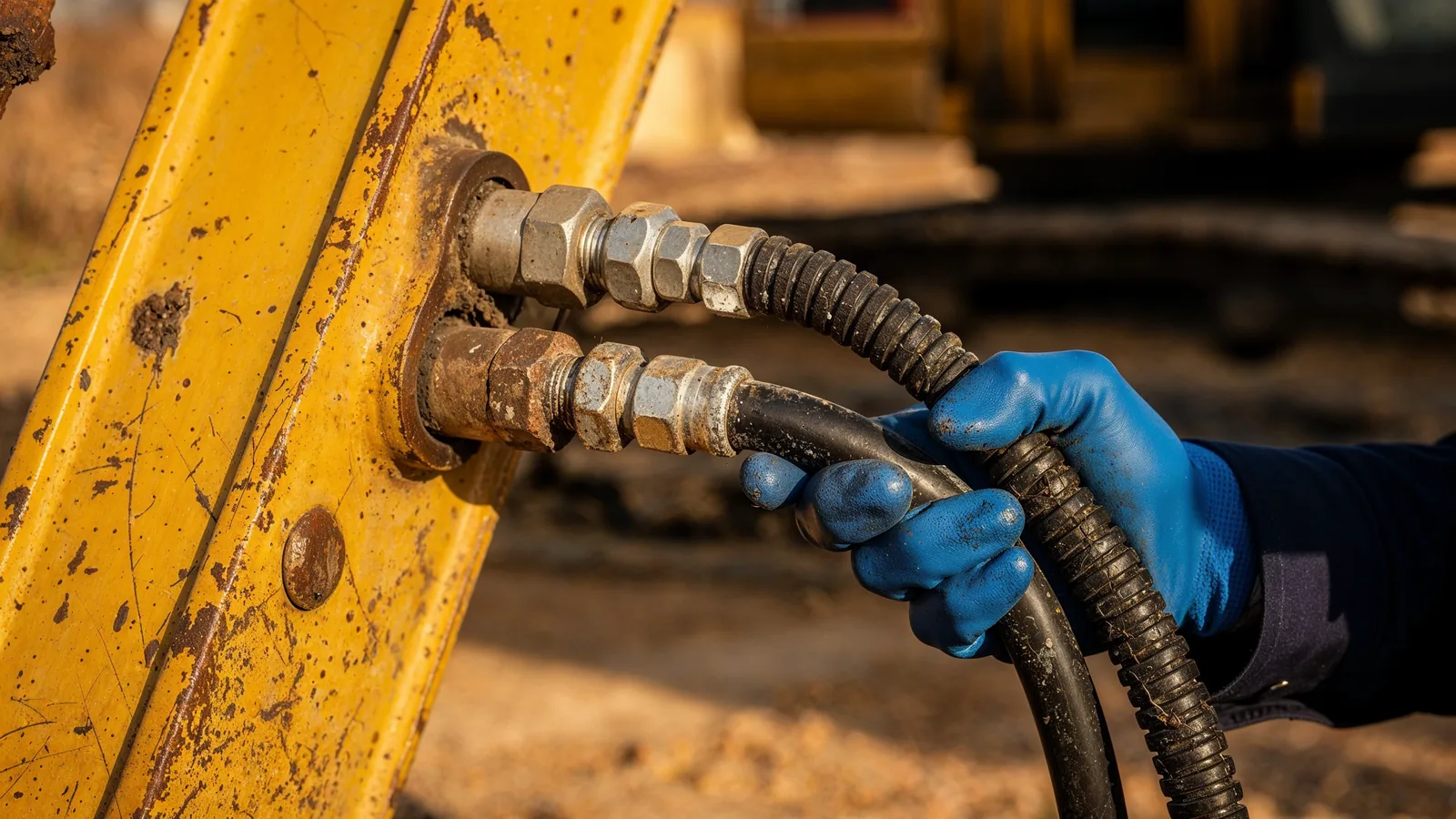 Mano con guanto che controlla i tubi flessibili ad alta pressione con guaina antiabrasione e raccordi sul braccio giallo di un escavatore in cantiere
